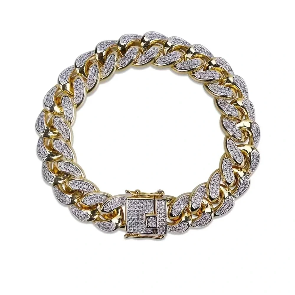 Men’s and women’s gold plated sparkle iced out Cuban chain link bracelet